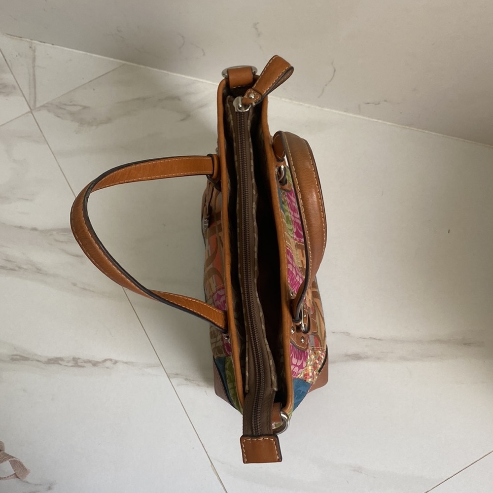 Vintage Fossil Multicolor Patchwork Leather Trim & Canvas Tote Bag/shoulder bag - Picture 7 of 16